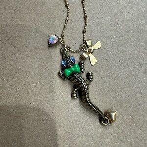 Betsey Johnson Gold Lizard Necklace with Green Bow